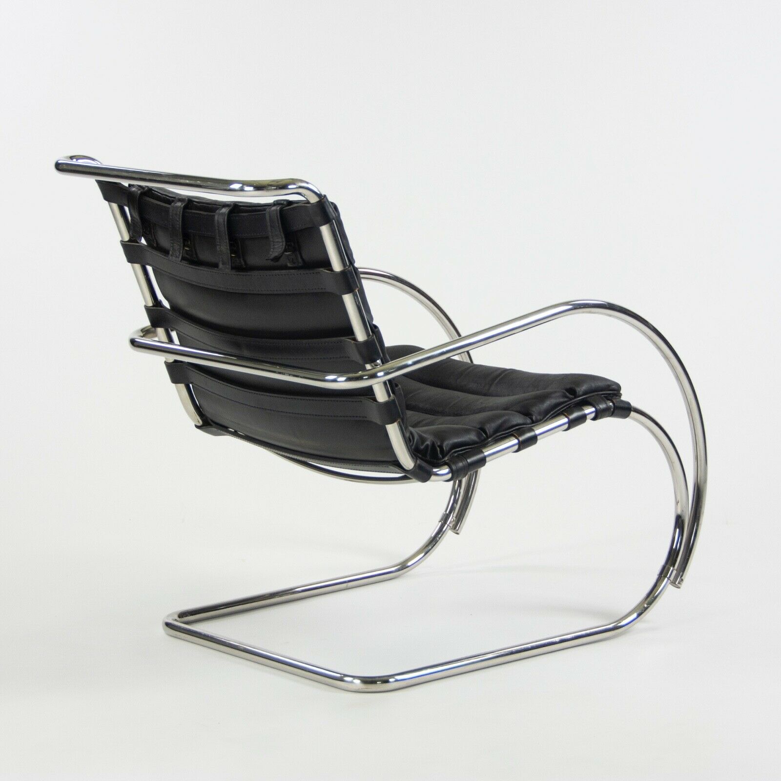 SOLD 1970s Mies Van Der Rohe Knoll MR Black Leather & Chrome Lounge Chairs with Arms
