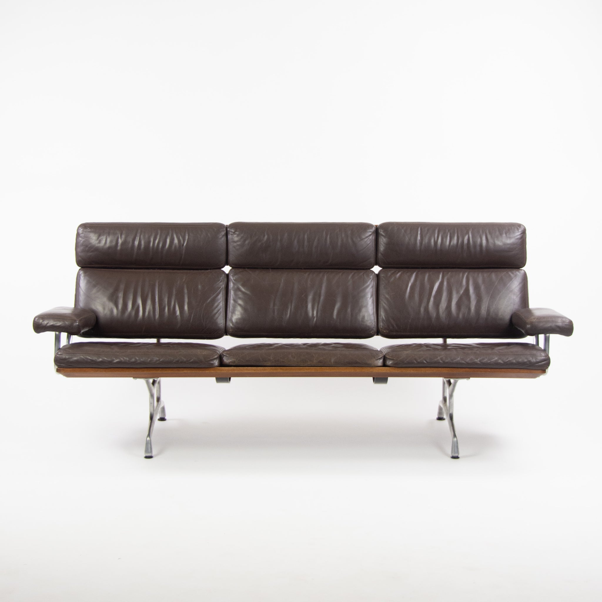 SOLD 1980s Vintage Eames Herman Miller Three Seater Sofa Walnut and Brown Leather #1