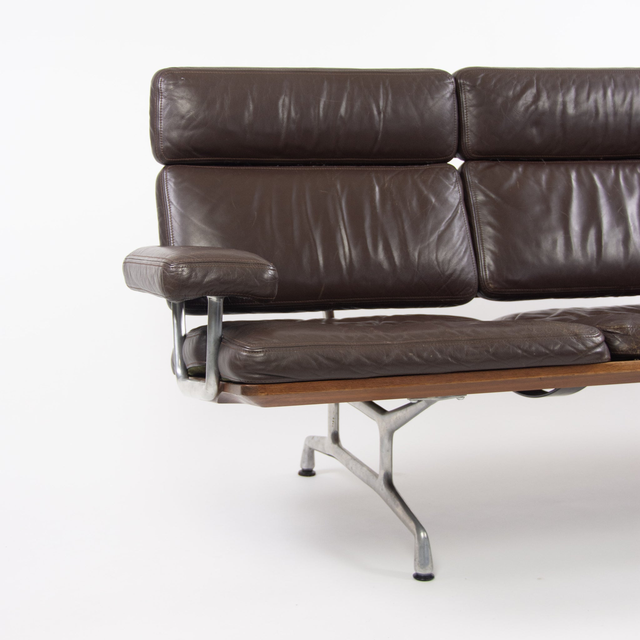 SOLD 1980s Vintage Eames Herman Miller Three Seater Sofa Walnut and Brown Leather #1