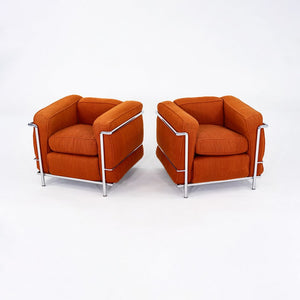 1970s Pair of Le Corbusier Jeanneret Perriand LC2 Petite Lounge Chairs in Orange Fabric for Cassina