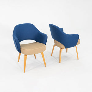 2015 Pair of Eero Saarinen for Knoll Dining Arm Chairs in Blue with Wooden Legs