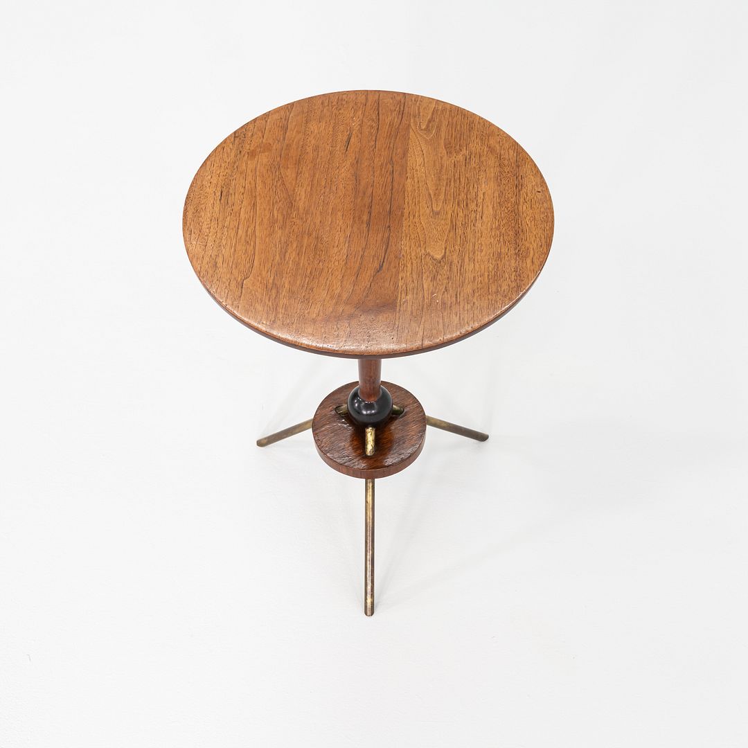 1950s Sputnik Tripod Side or End Table Crafted in Walnut with Brass Accents