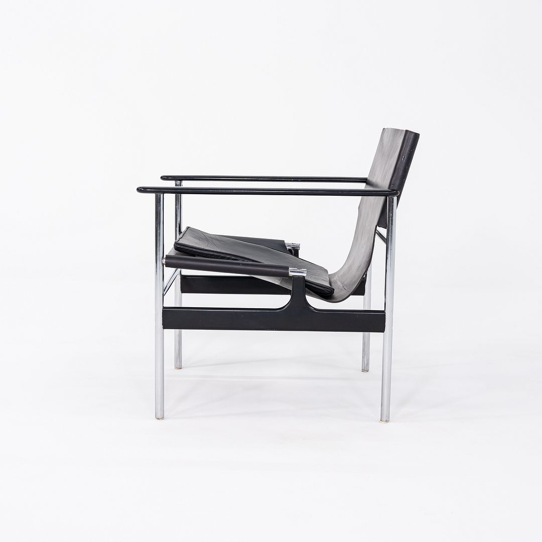 1960s Pair of Charles Pollock for Knoll Sling Arm Lounge Chairs in Black Leather and Chrome