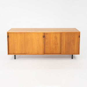 1950s Tall Florence Knoll Credenza in Oak with Sliding Doors and Leather Pulls