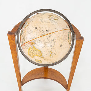 1940s Replogle Globe Mounted on Classic Wooden Demilune Stand with Curved Base