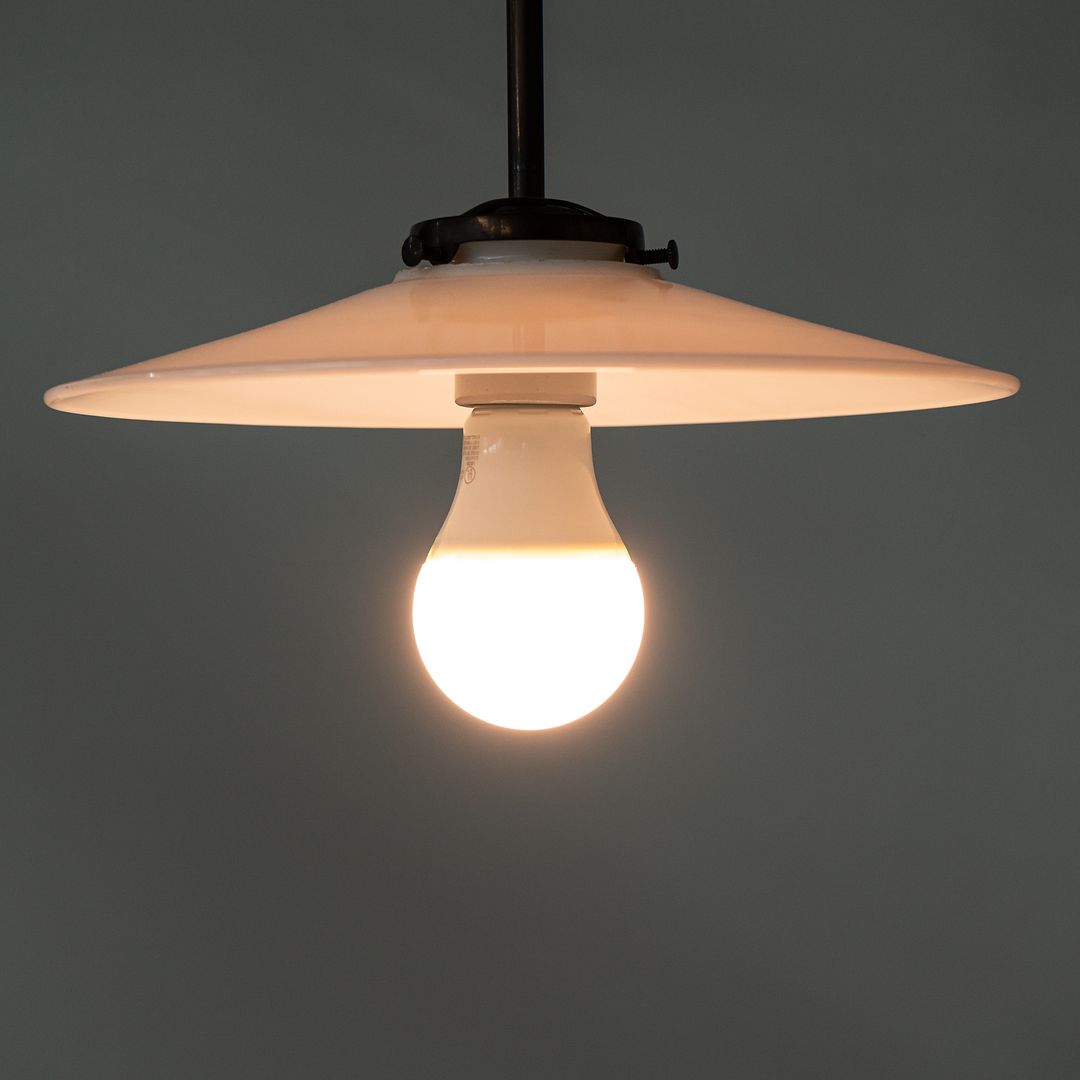 1930s Danish Opalescent Industrial Milk Glass Disc & Metal Pendant Lamp 8 Inches