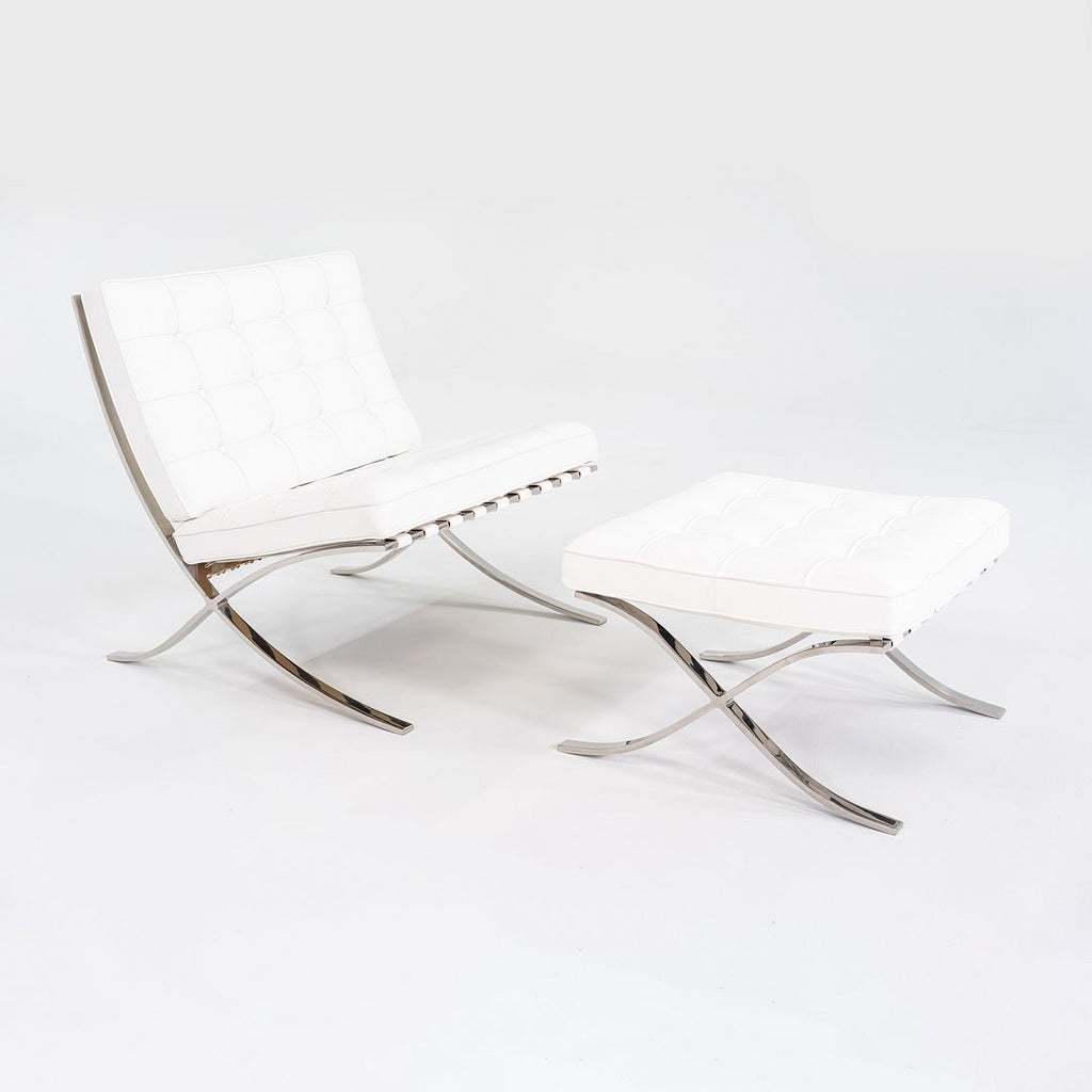 1960s Mies van der Rohe for Knoll Barcelona Lounge Chair and Ottoman in Sabrina White & Stainless Fully Restored
