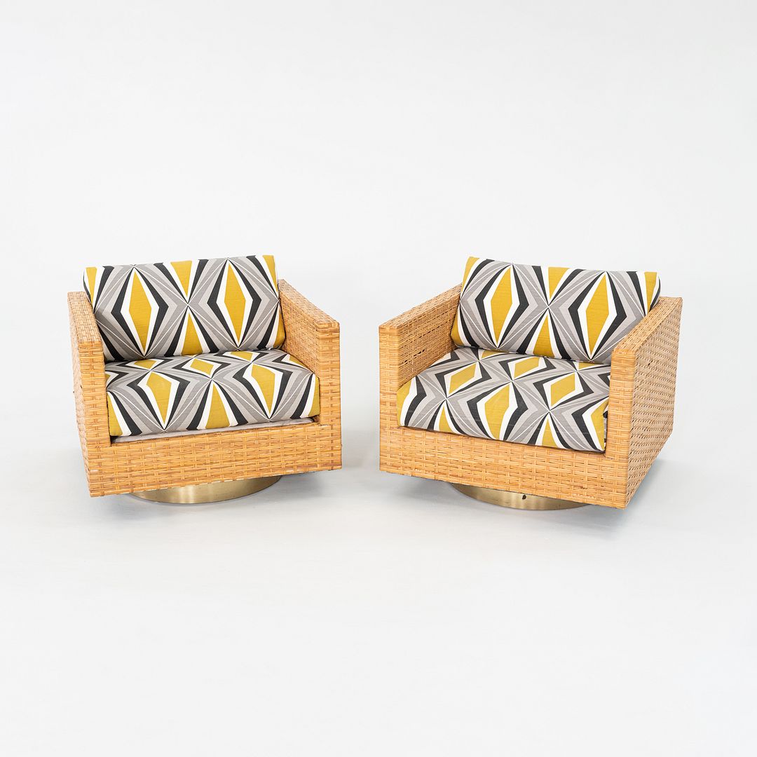 1977 Pair of Harvey Probber Cube Swivel Lounge Chairs in Woven Latania Palm Cane