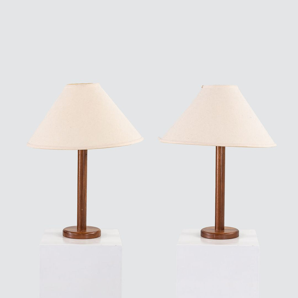 1970s Pair of Scandinavian Teak Table / Desk Lamps with White Fabric Shades