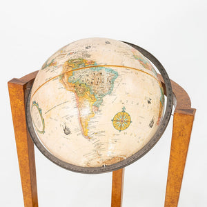 1940s Replogle Globe Mounted on Classic Wooden Demilune Stand with Curved Base