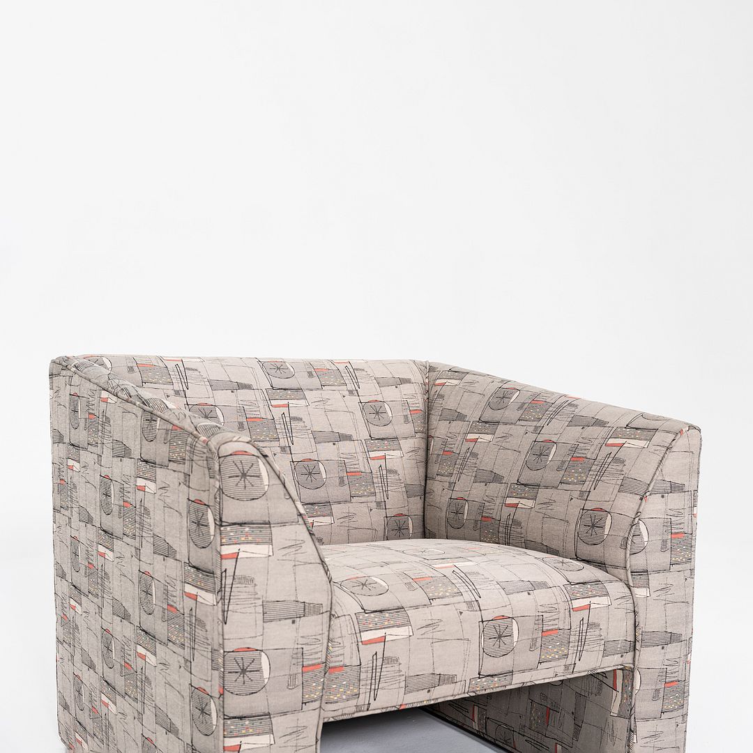 1980s Pair of Gray Patterned Fabric Upholstered Club Lounge Chairs w/ Rolled Arms