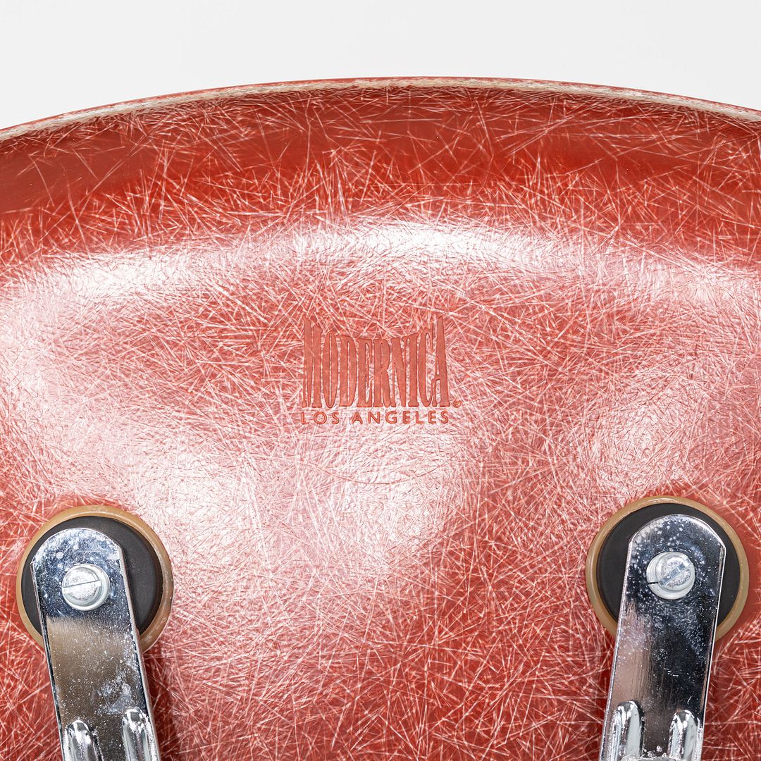 2010s Pair of Modernica Eames Fiberglass Dining Side Shell Chairs Red / Orange
