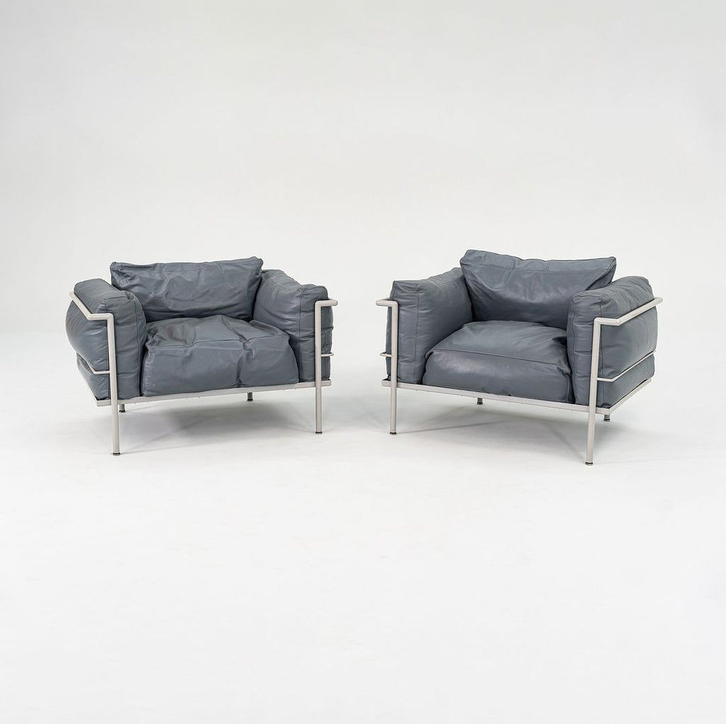 1980s In Style of A Pair of Le Corbusier Jeanneret Perriand LC3 Lounge Chairs in Blue Leather