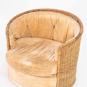 1970s Rattan Barrel Chair for Comfort Designs Attributed to Adrian Pearsall in Cane and Fabric