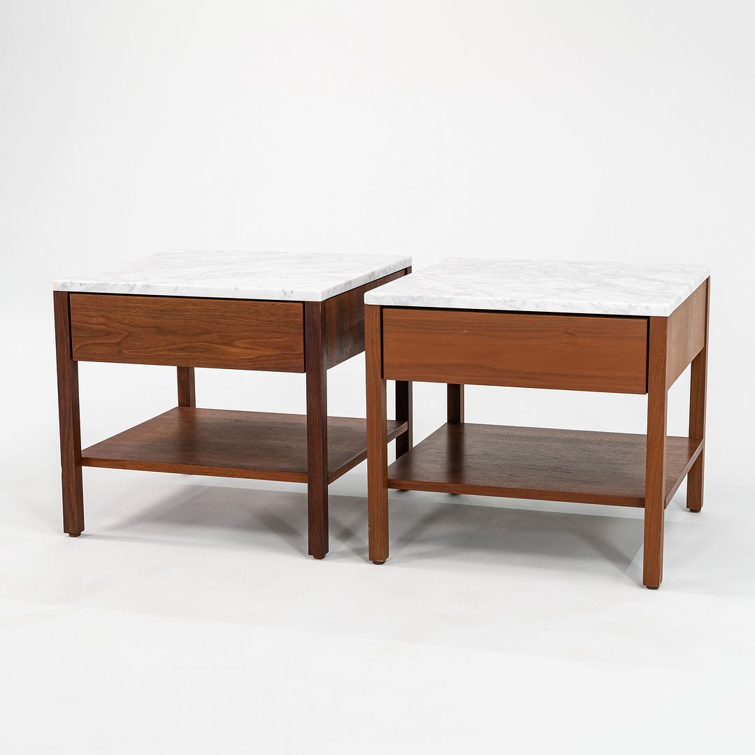 SOLD 1960s Pair of Model 327 IS Bedside Tables by Florence Knoll for Knoll in Walnut with Marble Tops