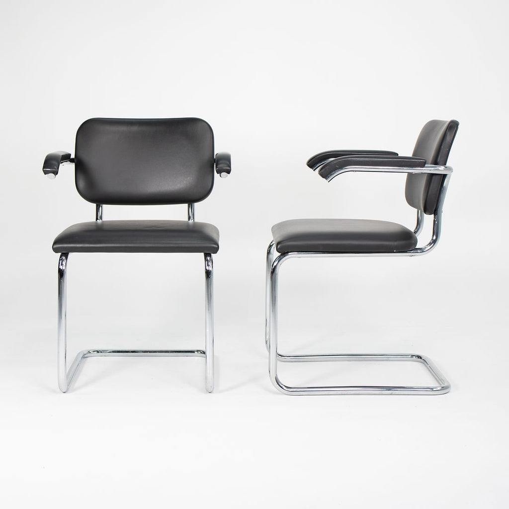 SOLD 2010s Pair of Knoll Cesca Upholstered Armchair, Model 50A by Marcel Bruer for Knoll in Chromed Steel and Black Leather