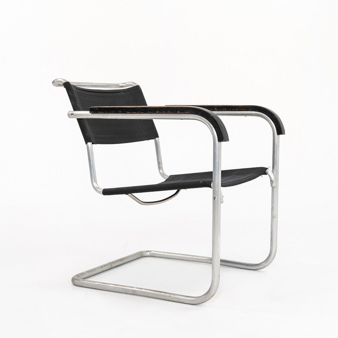 1940s B34 Arm Chair by Marcel Breuer for Gebruder Thonet in Aluminum with Canvas Upholstery