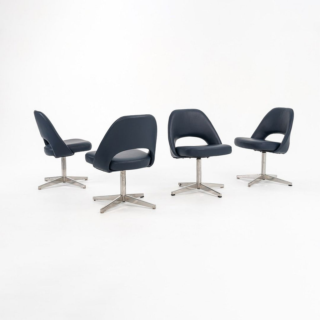 1970s Set of Four Armless Executive Pedestal Chairs by Eero Saarinen for Knoll in Blue Edelman Leather