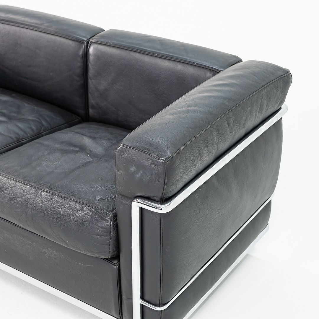 2008 LC2 Petite Modele Three Seat Sofa by Le Corbusier, Pierre Jeanneret, and Charlotte Perriand for Cassina in Black Leather