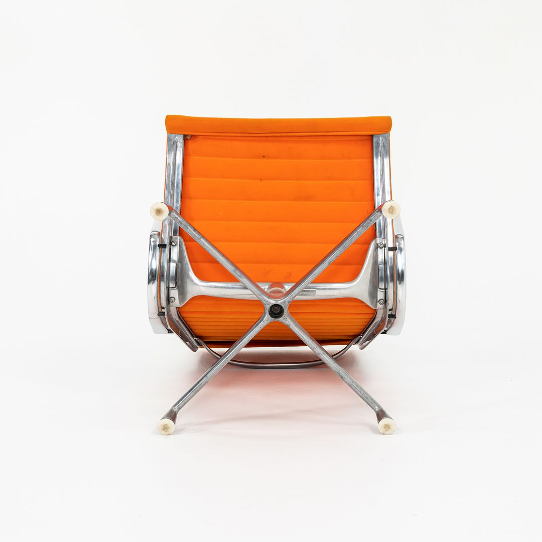 SOLD 1970s Eames Aluminum Group Lounge Chair, model EA124 by Ray and Charles Eames for Herman Miller in Orange Alexander Girard-Designed Hopsack Fabric