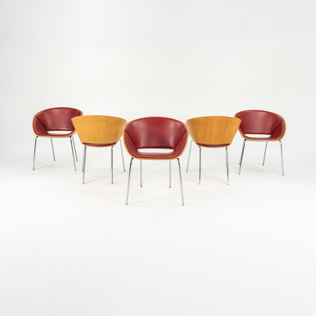 SOLD 1990s Set of Five Lipse Dining Chairs by Wolfgang Mezger for Walter Knoll in Red Leather and Bent Plywood