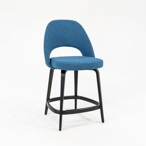 SOLD 2022 Pair of Saarinen Executive Counter Stools, Model 72CM-W by Eero Saarinen for Knoll with Wood Legs and Blue Fabric