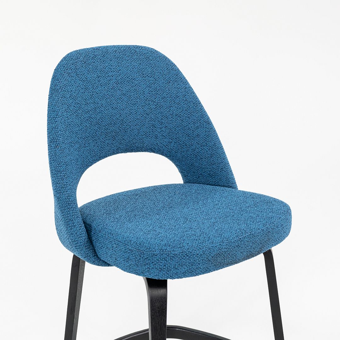 SOLD 2022 Pair of Saarinen Executive Counter Stools, Model 72CM-W by Eero Saarinen for Knoll with Wood Legs and Blue Fabric