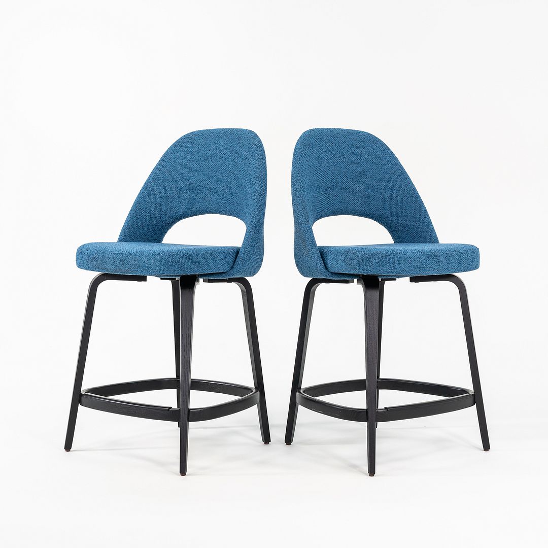 SOLD 2022 Pair of Saarinen Executive Counter Stools, Model 72CM-W by Eero Saarinen for Knoll with Wood Legs and Blue Fabric