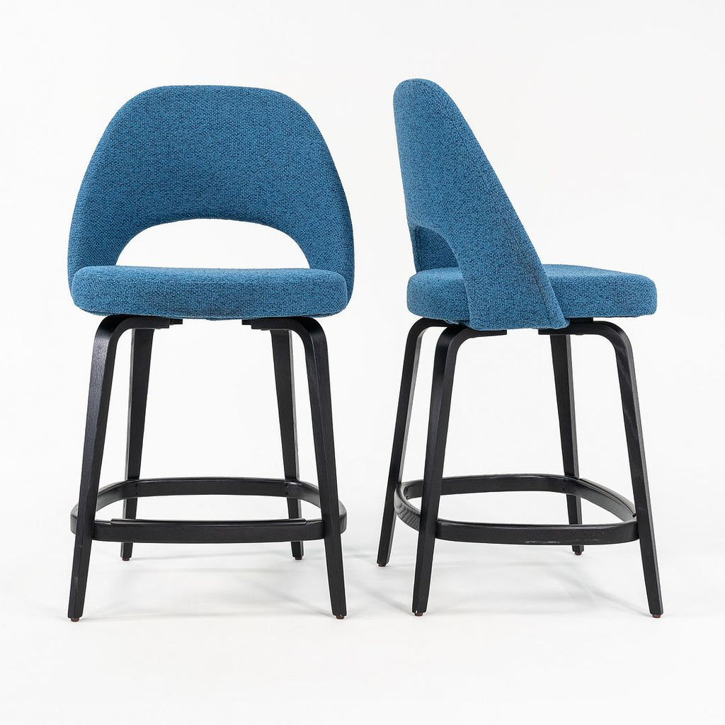2022 Pair of Saarinen Executive Counter Stools, Model 72CM-W by Eero Saarinen for Knoll with Wood Legs and Blue Fabric
