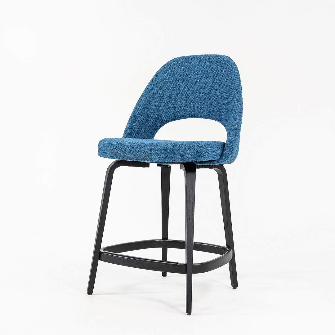 SOLD 2022 Pair of Saarinen Executive Counter Stools, Model 72CM-W by Eero Saarinen for Knoll with Wood Legs and Blue Fabric