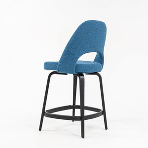 SOLD 2022 Pair of Saarinen Executive Counter Stools, Model 72CM-W by Eero Saarinen for Knoll with Wood Legs and Blue Fabric