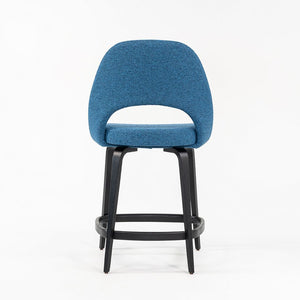 SOLD 2022 Pair of Saarinen Executive Counter Stools, Model 72CM-W by Eero Saarinen for Knoll with Wood Legs and Blue Fabric