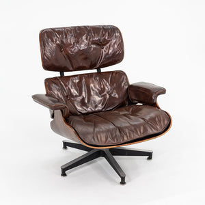 1956 Eames 670 & 671 Lounge Chair and Ottoman with Down-Filled Brown Leather Cushions and Brazilian Rosewood