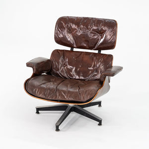 1956 Eames 670 & 671 Lounge Chair and Ottoman with Down-Filled Brown Leather Cushions and Brazilian Rosewood