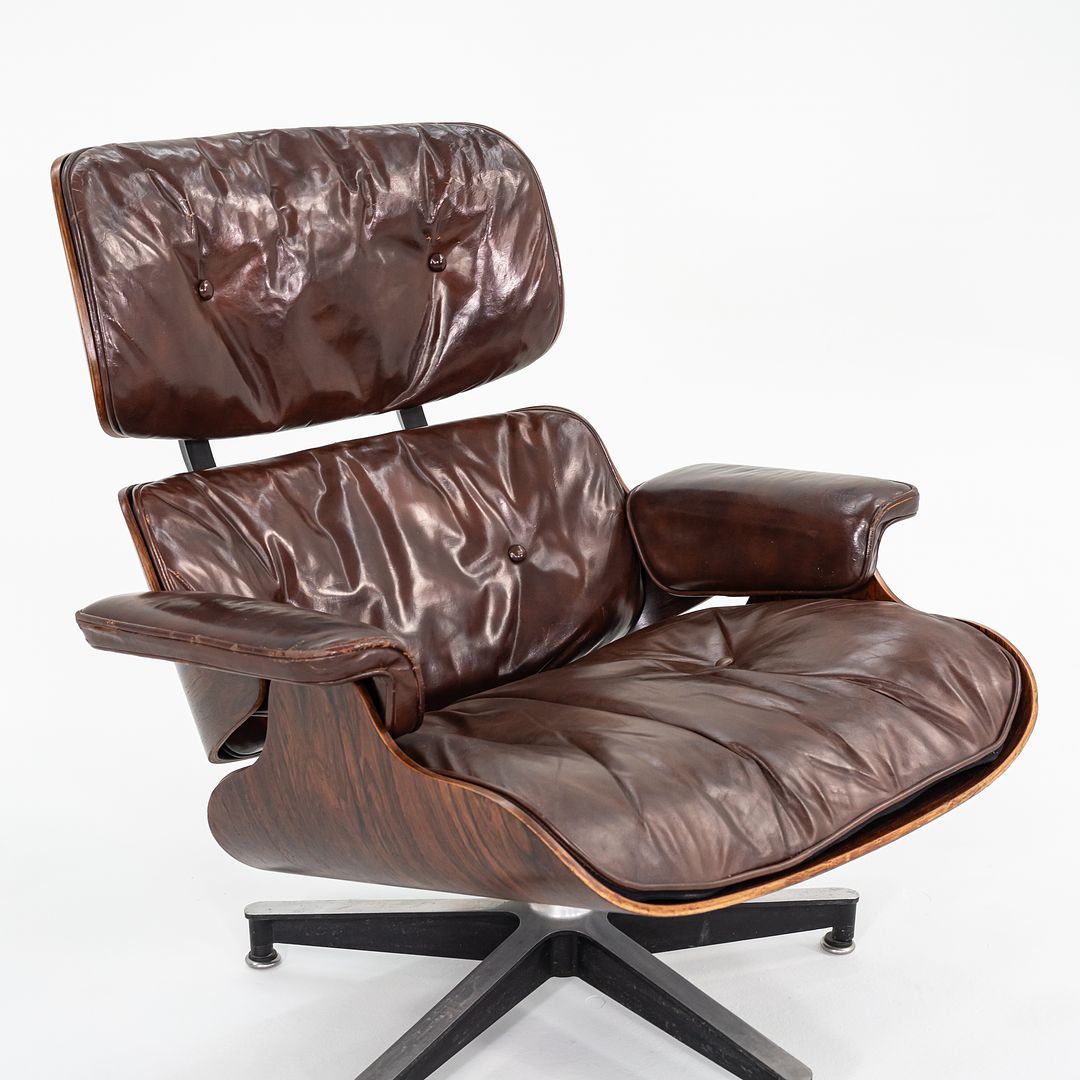 1956 Eames 670 & 671 Lounge Chair and Ottoman with Down-Filled Brown Leather Cushions and Brazilian Rosewood