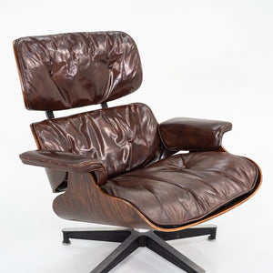 1956 Eames 670 & 671 Lounge Chair and Ottoman with Down-Filled Brown Leather Cushions and Brazilian Rosewood