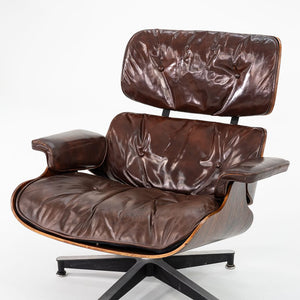 1956 Eames 670 & 671 Lounge Chair and Ottoman with Down-Filled Brown Leather Cushions and Brazilian Rosewood