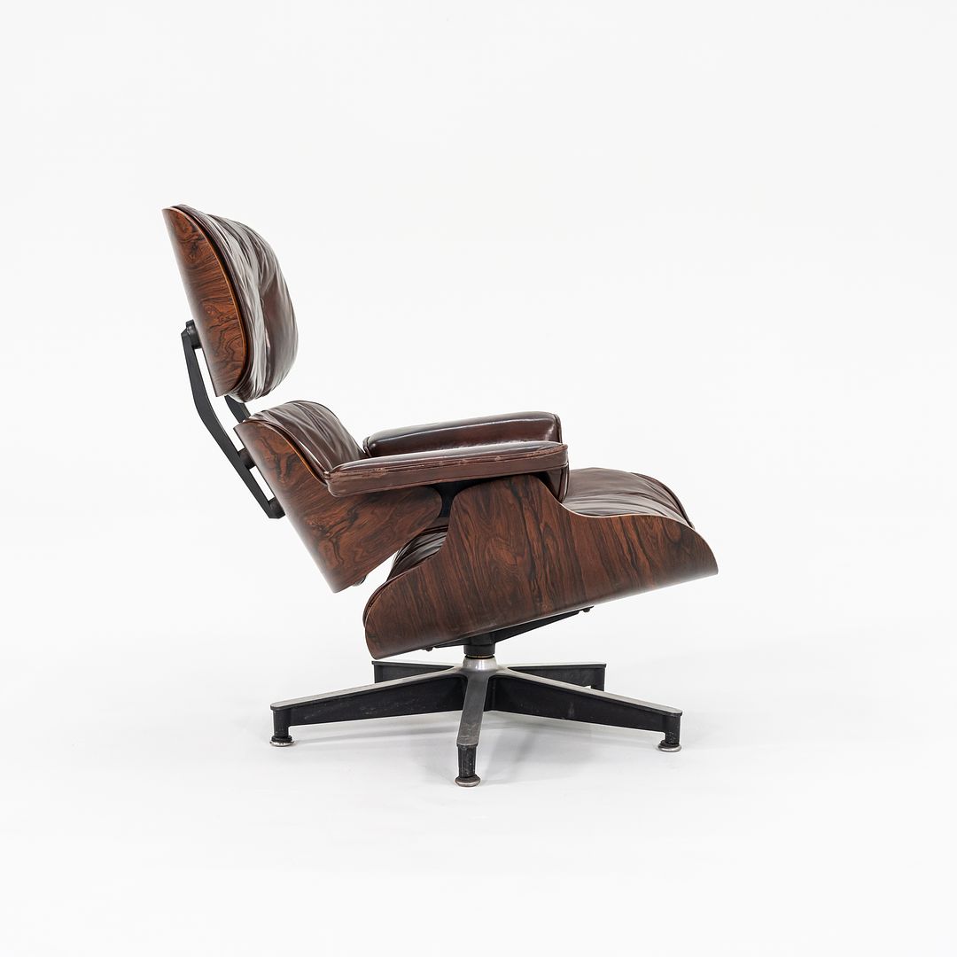 1956 Eames 670 & 671 Lounge Chair and Ottoman with Down-Filled Brown Leather Cushions and Brazilian Rosewood