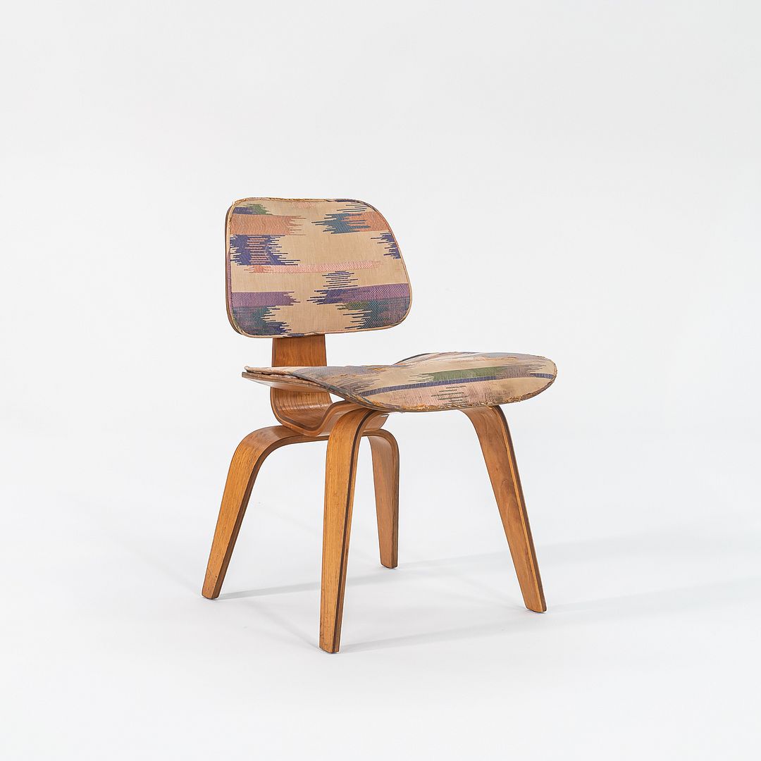 1947 DCW Dining Chair by Charles and Ray Eames for Evans Products Company / Herman Miller in Calico Ash with Rare Upholstery