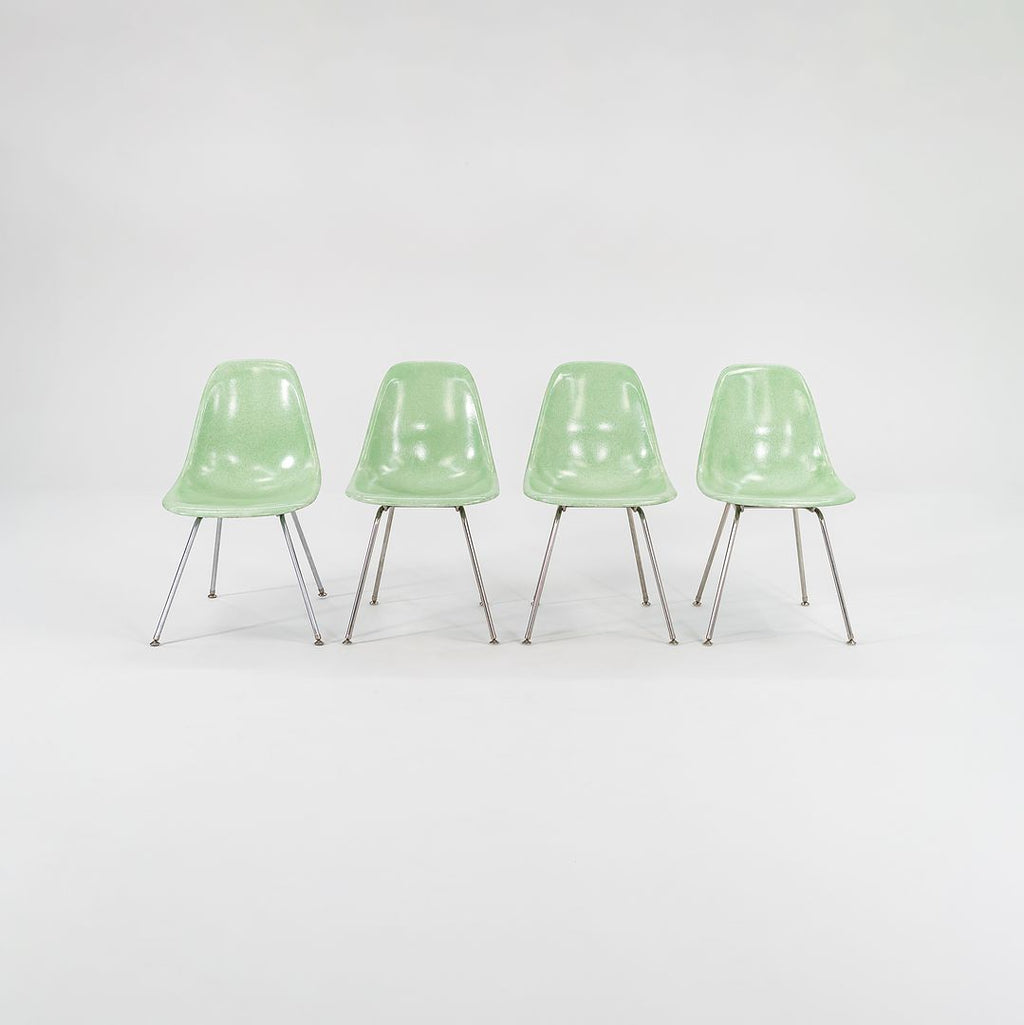 SOLD 2010s Set of Four Eames Modernica Fiberglass Side Chairs with H Base in Light Green