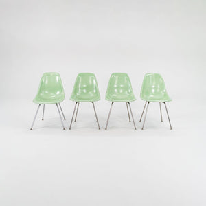 SOLD 2010s Set of Four Eames Modernica Fiberglass Side Chairs with H Base in Light Green