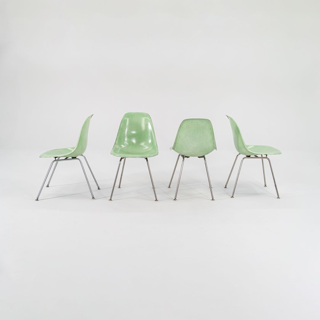 SOLD 2010s Set of Four Eames Modernica Fiberglass Side Chairs with H Base in Light Green
