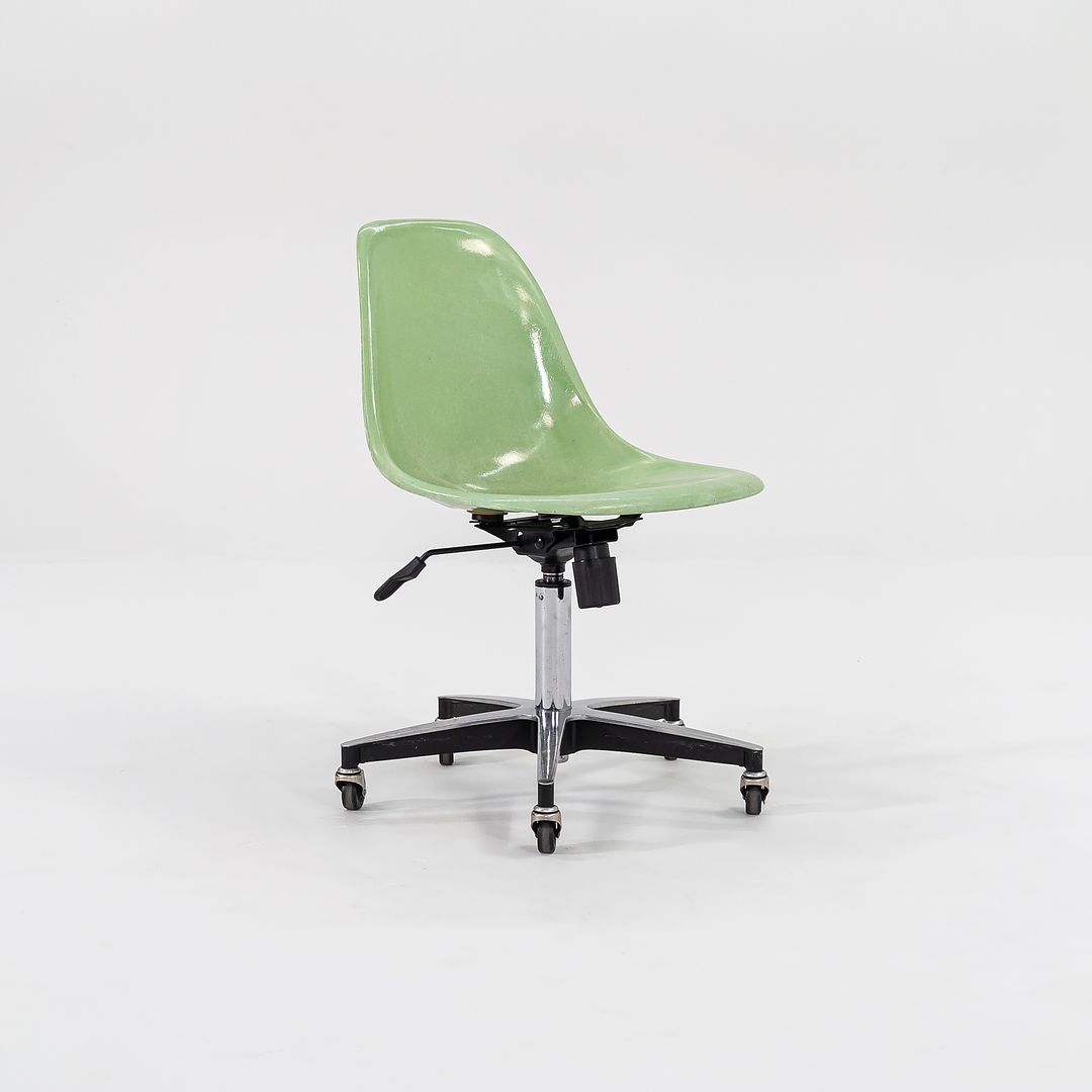 2010s Eames Modernica Fiberglass Side Shell Chairs with Rolling Desk Chair Bases in Light Green 1x Available