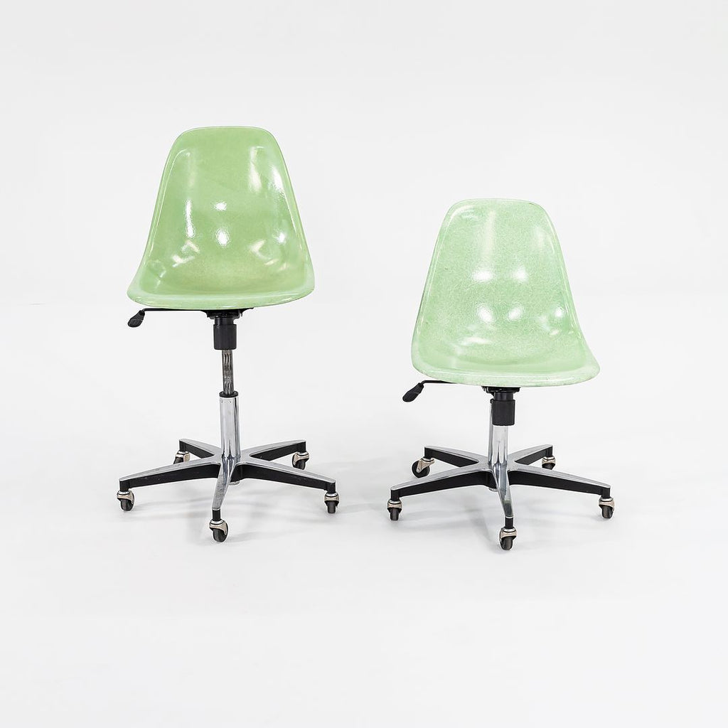 2010s Eames Modernica Fiberglass Side Shell Chairs with Rolling Desk Chair Bases in Light Green 1x Available