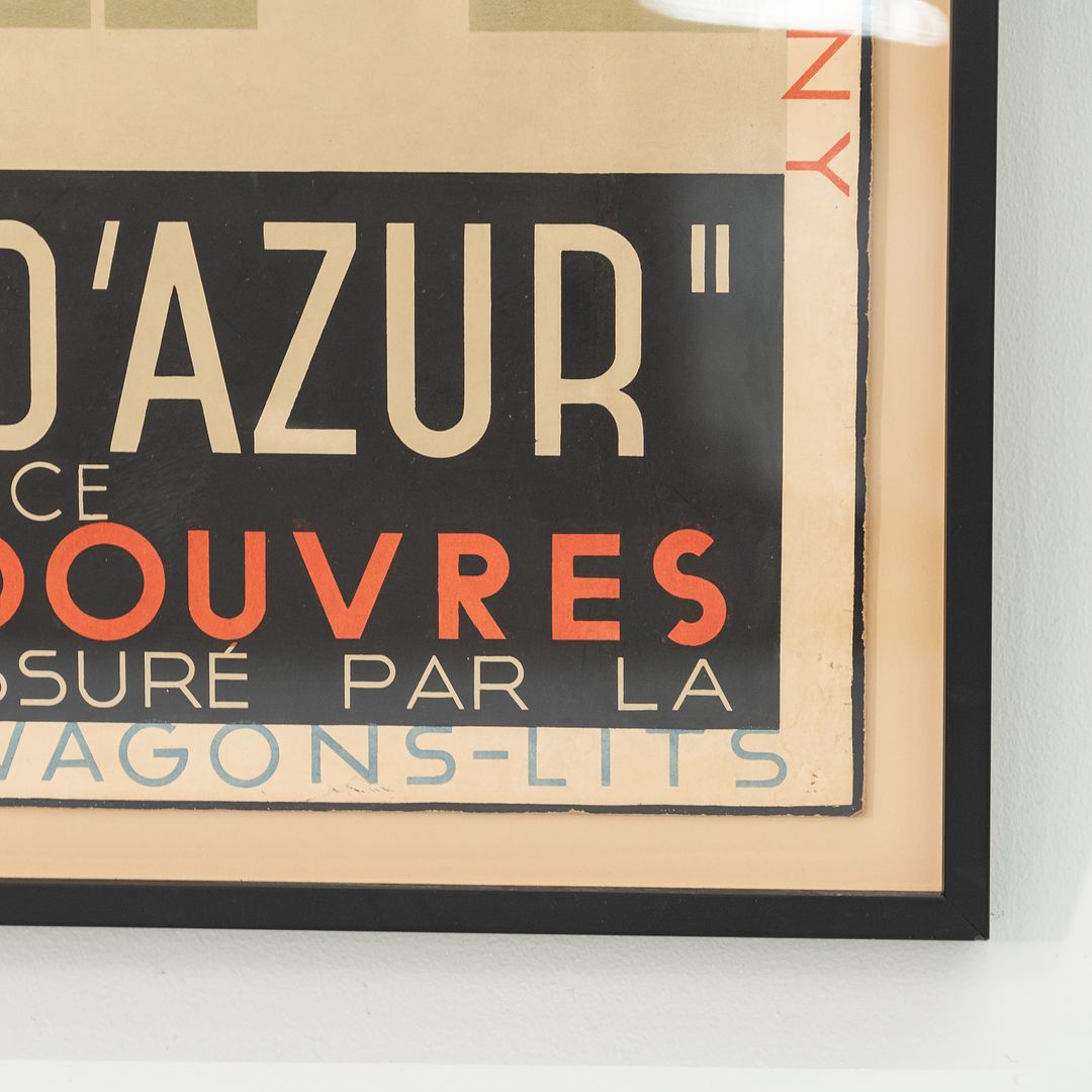 1931 COTE D'AZUR Travel Poster, 1931 by Adolphe Jean-Marie Mouron for Danel and Lille Glass, Paper, Wood, Ink