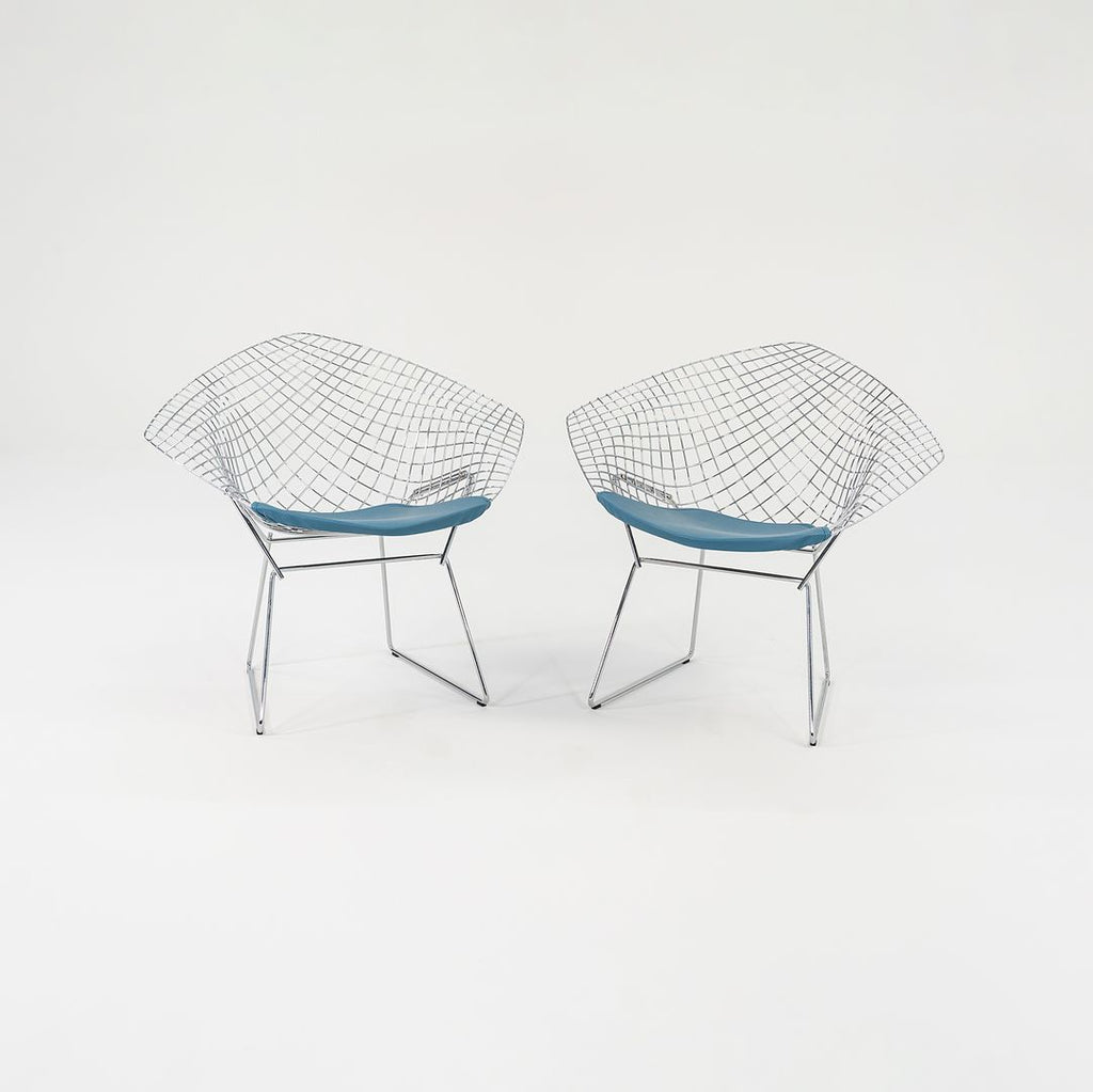 SOLD 2023 Pair of Bertoia Diamond Chairs, Model 421 by Harry Bertoia for Knoll in Chrome with Upholstered Seats