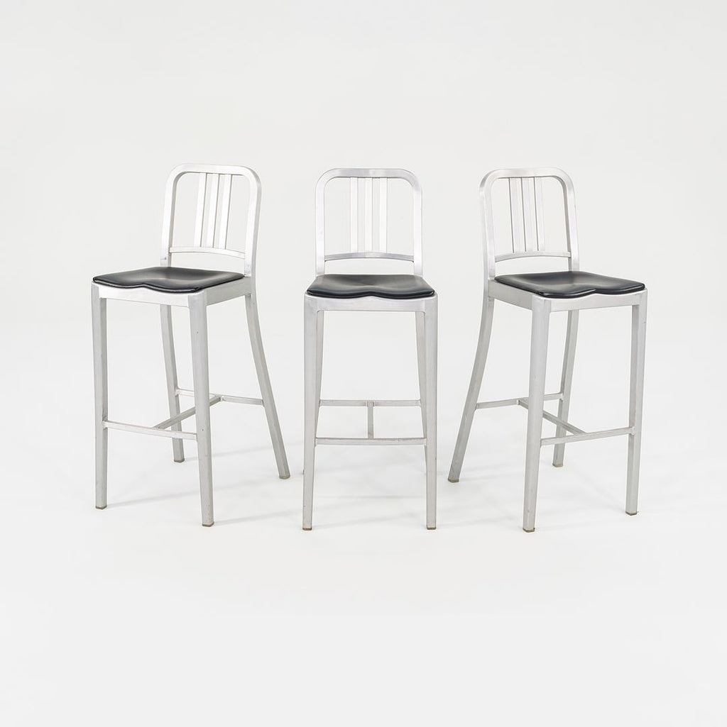 2018 Set of Three Navy Bar Stools 1006 by Emeco in Brushed Aluminum with Seat Pads