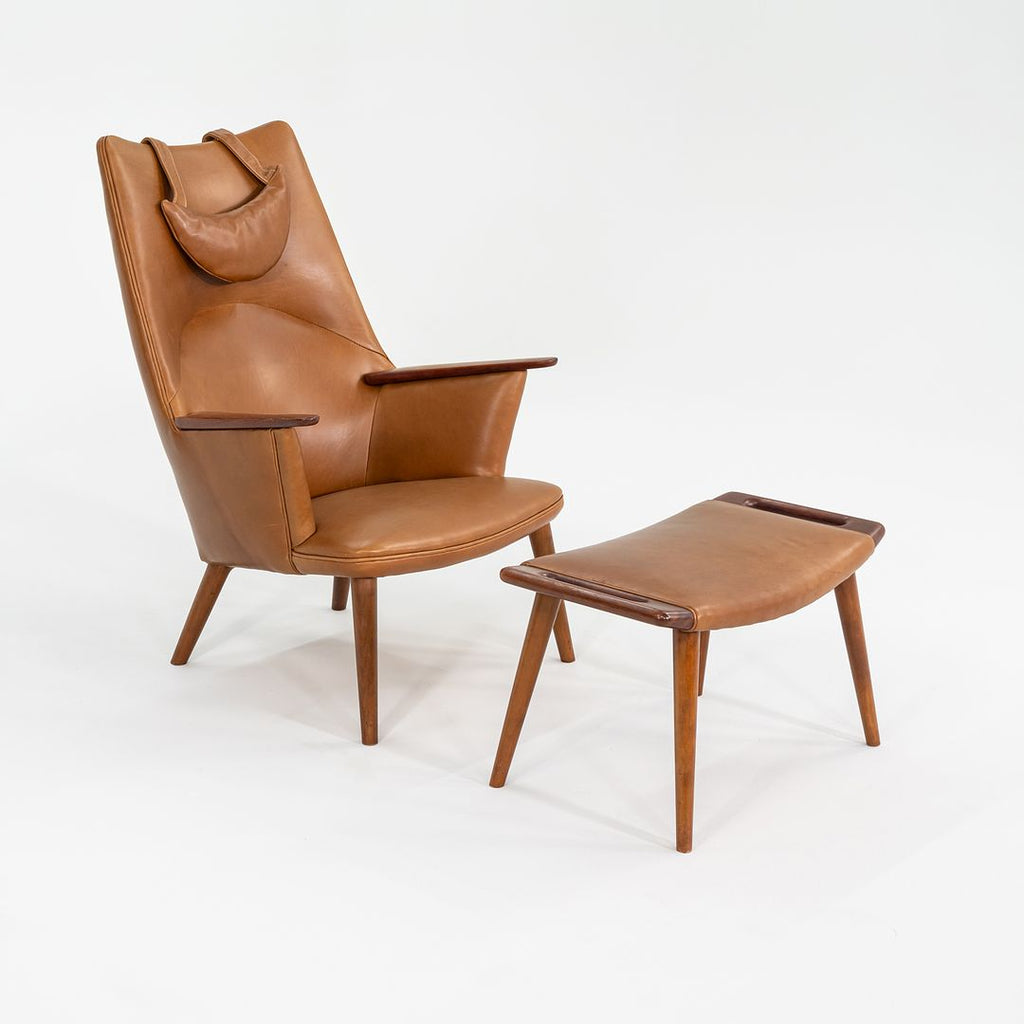 1958 Wegner AP27 and AP29 Lounge Chair and Ottoman by Hans Wegner for A.P. Stolen in Newly Upholstered Caramel Leather
