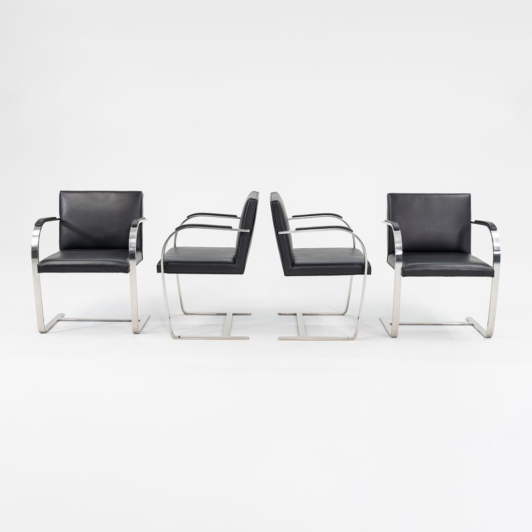 1970 Set of Four Brno Flat Bar Armchairs, Model 255 by Mies van der Rohe for Knoll in Stainless Steel and New Black Leather