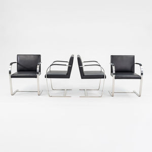 1970 Set of Four Brno Flat Bar Armchairs, Model 255 by Mies van der Rohe for Knoll in Stainless Steel and New Black Leather